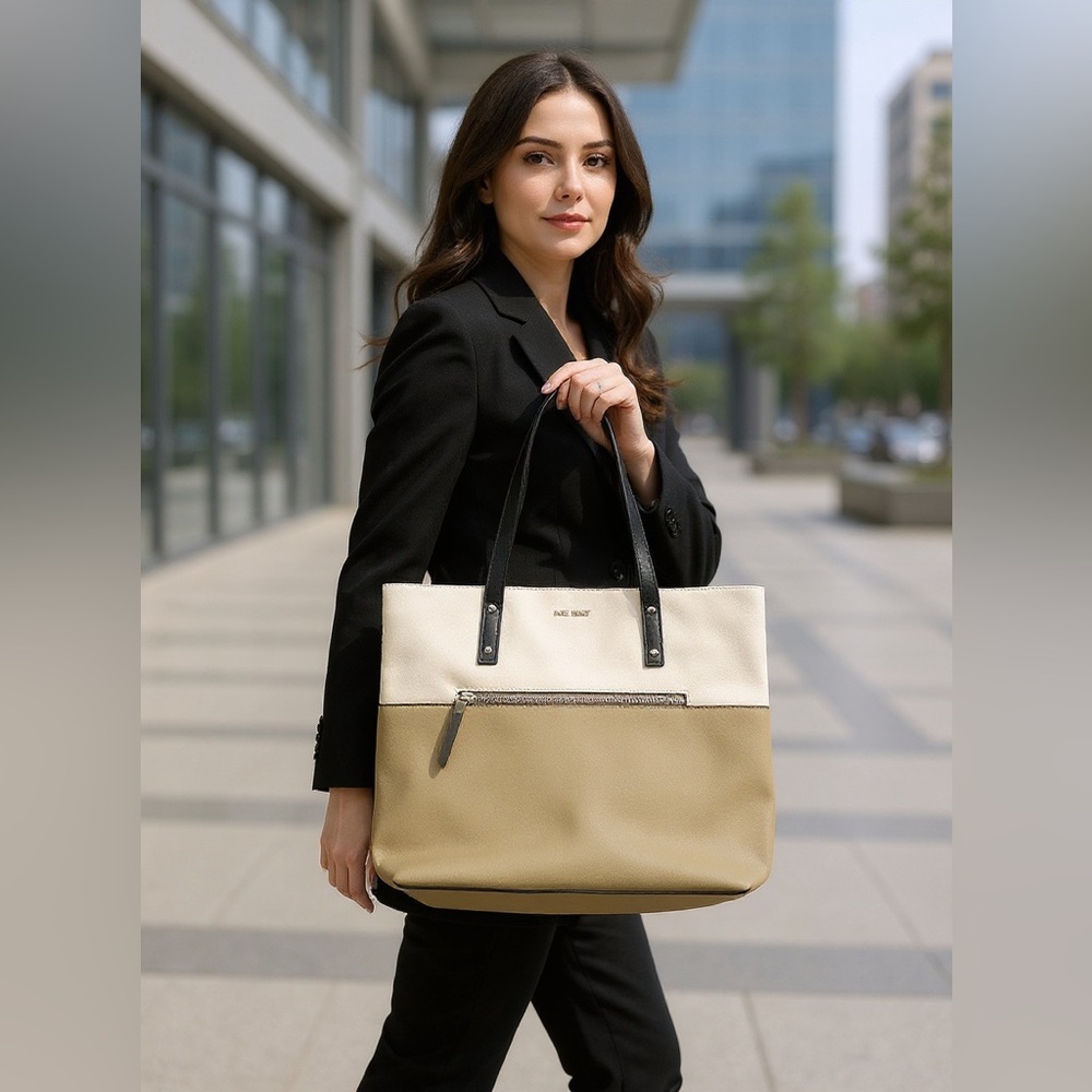 Nine West California Casual Tote Bag cream tan dark wheat purse zipper closure